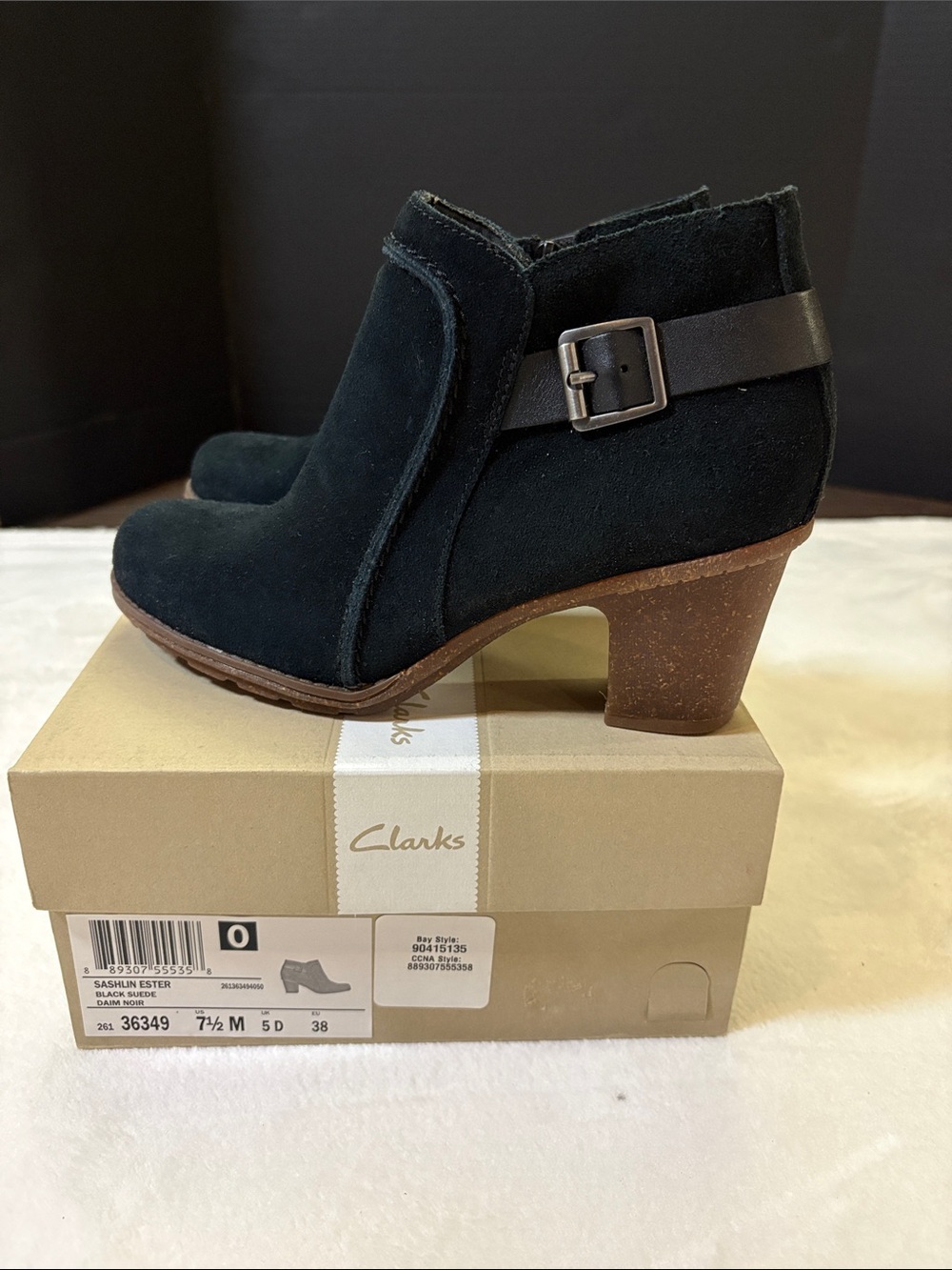 NWT 7.5 Clarks Black Suede Ankle Bootie with Buckle Strap and Inside Zip